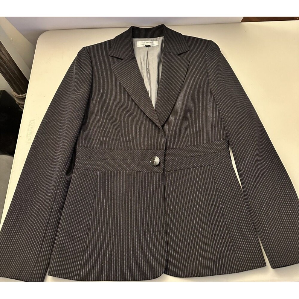 Tahari Blazer, Women's size 6, Black Stripe Long Sleeve Wool Blend Jacket Lined